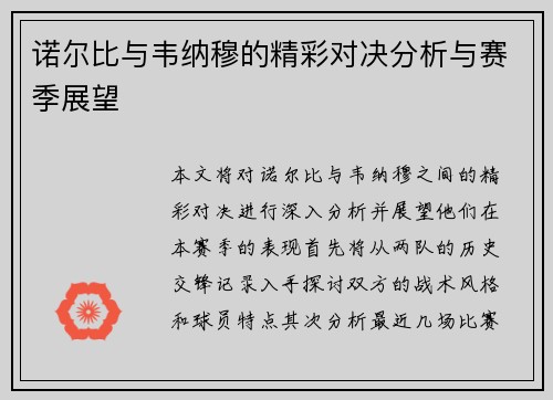 诺尔比与韦纳穆的精彩对决分析与赛季展望